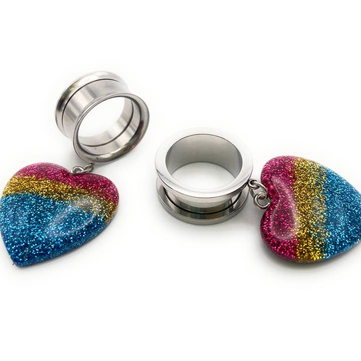 Eros Plugs - Venta al por mayor Pendiente sin pareja - Túneles colgantes en forma de corazón con purpurina rosa, azul y dorada
