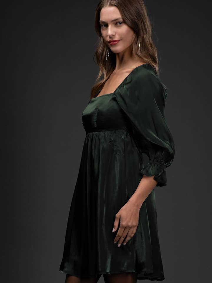 Blu Pepper - Wholesale Dress - Women's - SHIMMER SATIN 3/4 SLEEVE BABYDOLL MINI DRESS