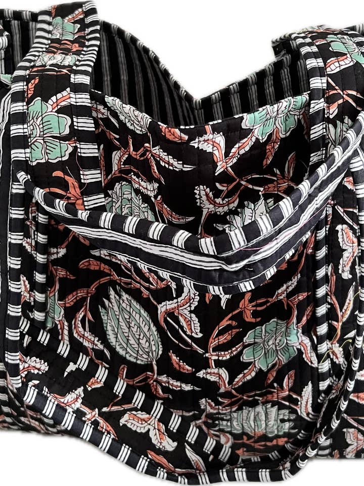 Quilted Tote Black & White with Floral Green Foliage for wholesale by Traditional Trinkets & Textiles