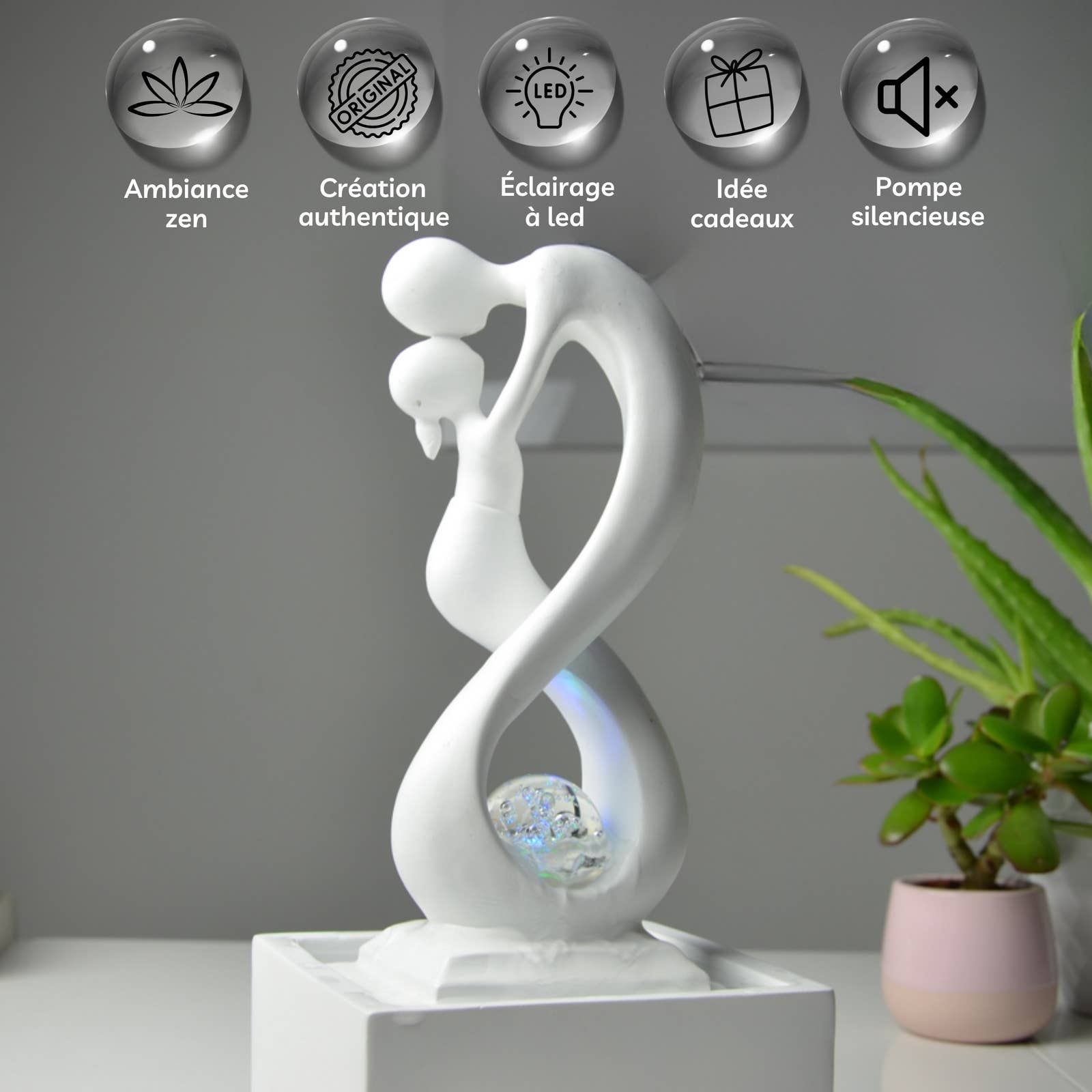 Zen'Arôme - Vente Décorations de table - Fontaine d'Intérieur Moderne Amor Blanc Idée Cadeau2