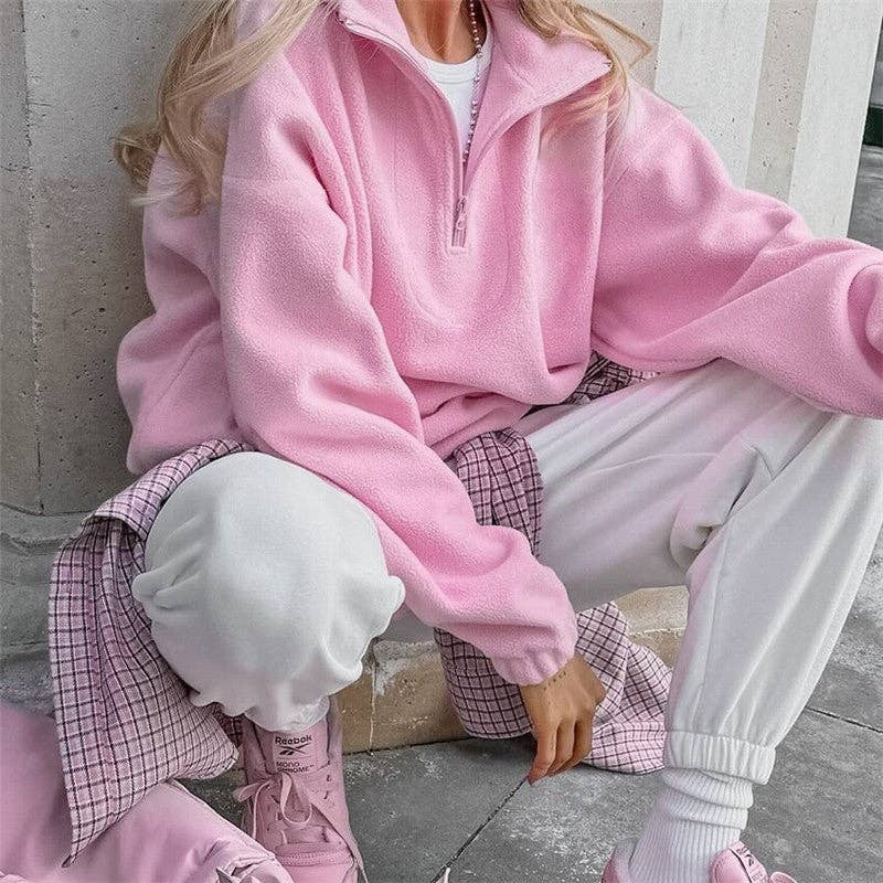 PINK Solid Color Fleece Loose Collar Pullover Hoodie for wholesale on Faire3