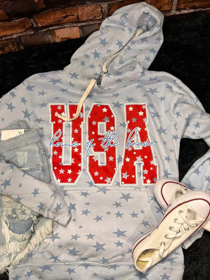 USA Home of the Brave Red Stars Triblend Hoodie for wholesale on Faire