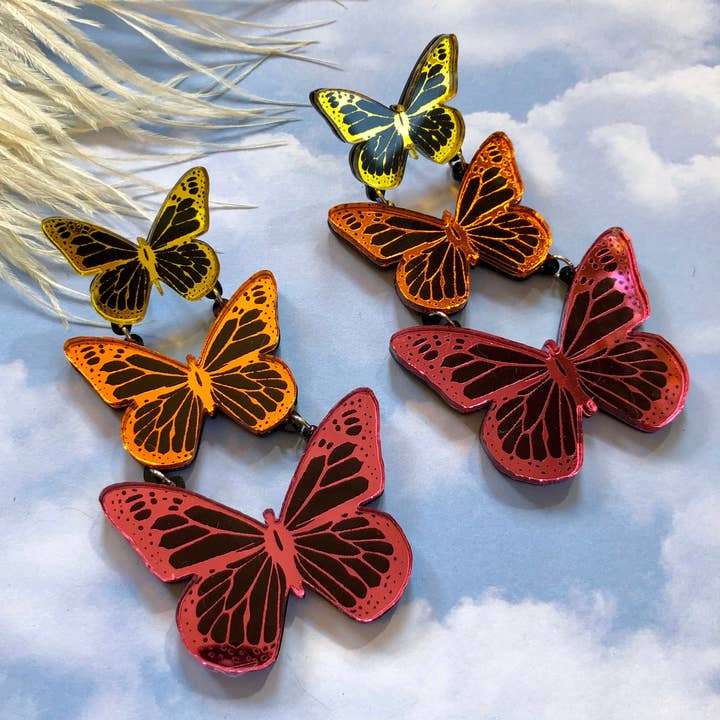 I'm Your Present - Wholesale Dangle Earrings - Rainbow Mirrored Butterfly, Laser Cut Acrylic, Butterflies, Plastic Jewelry