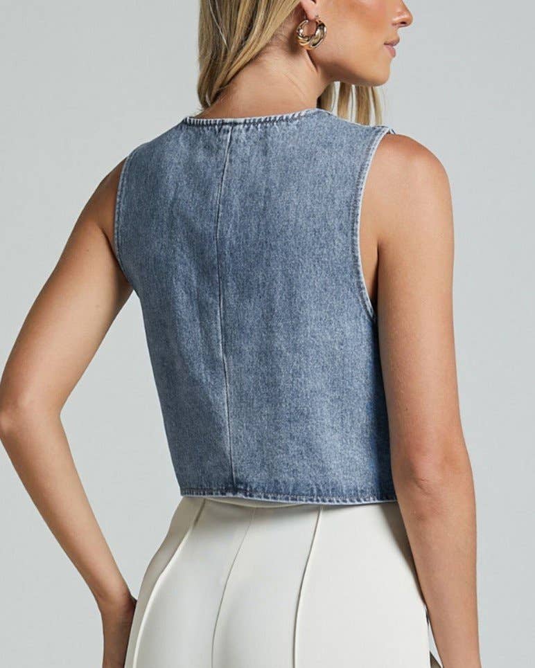 Blue Stylish Casual V-Neck Denim Vest for wholesale on Faire3