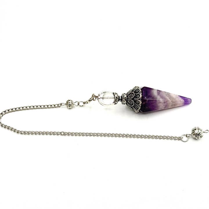 Meraki Gemstones - Wholesale Pendulum Board - Amethyst Double Cap Pendulum with Silver Plate Chain1