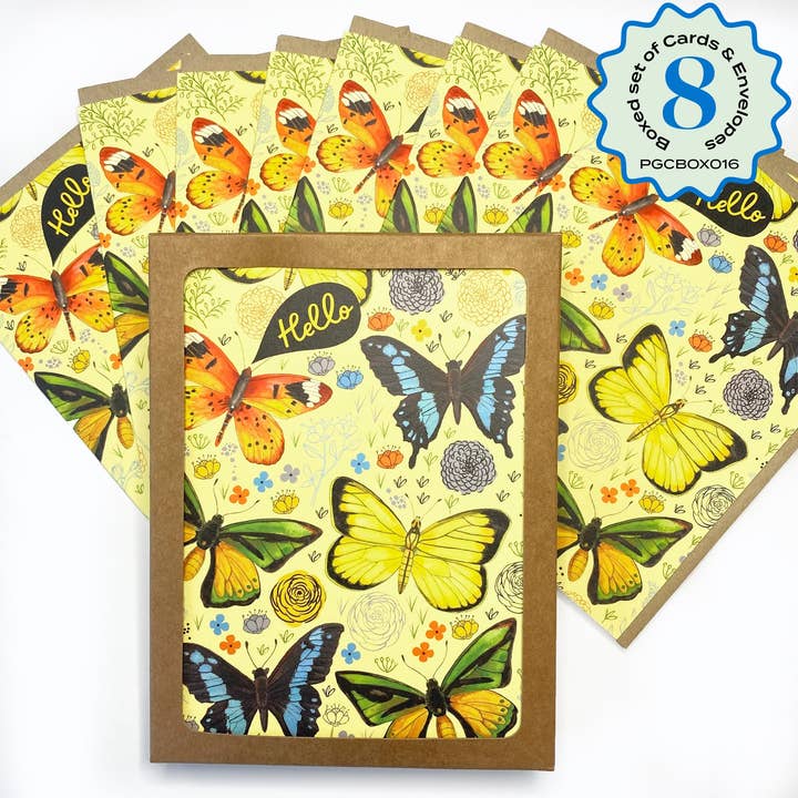 Boxed Set of 8 Cards-Hello Butterflies Greeting Cards for wholesale by Keller Design Co.