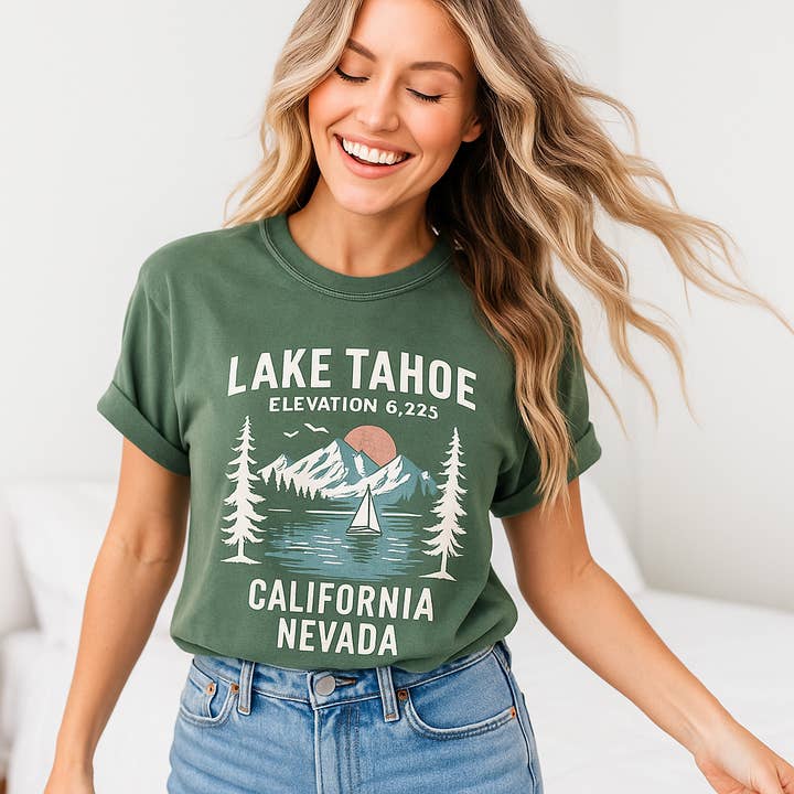 Lake Tahoe Höjd T-shirt, Berg Grafisk Tröja för wholesale av Scently Moments