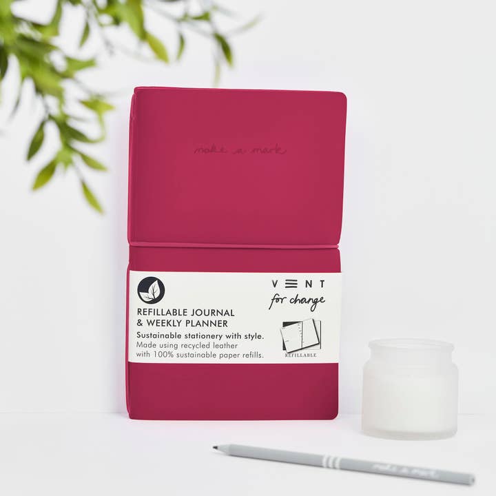 Weekly Planner / Journal Recycled Leather Refillable - Pink for wholesale by VENT for Change USA
