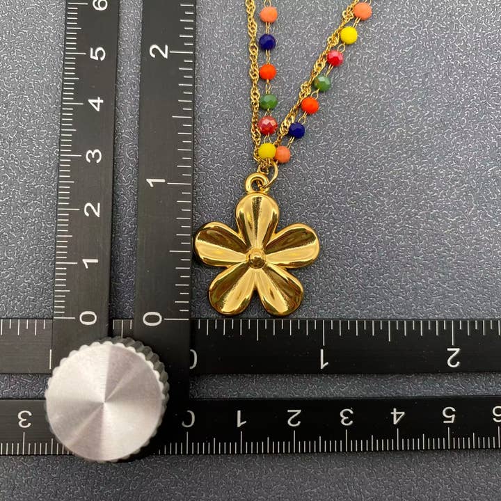 Mio Queena - Wholesale Pendant/Charm Necklace - 18K Golden Flower Beaded Chain Double Layer Necklace - FGS