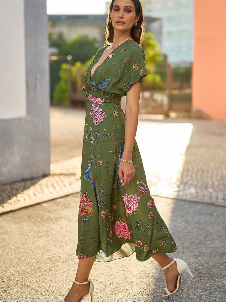 Yumi Green Bird and Floral Print Ruched Waist Kimono Midi Dress for wholesale by Yumi