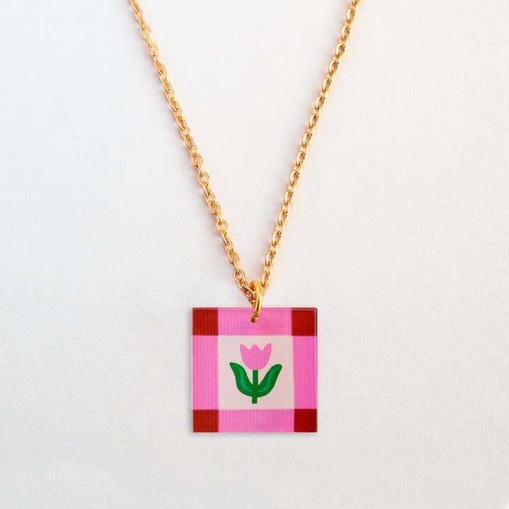 Necklace | Folk Floral Charm | Pink Red | Jewellery Gift for wholesale by Natalie Lea Owen – Handmade Jewellery & Greeting Cards