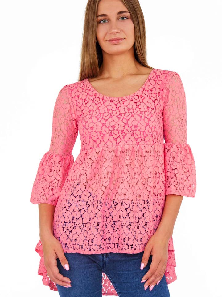 Túnica Boho com Manga Sino Ava em Renda Cor-de-Rosa Coral - Mulher por atacado de Pineapple Clothing