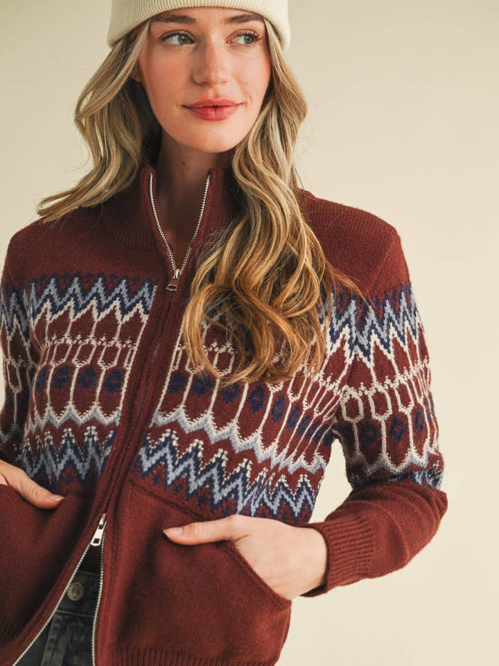 &MERCI - Wholesale Cardigan - Women's - FAIR ISLE ZIP UP SWEATER CARDIGAN MSW109020