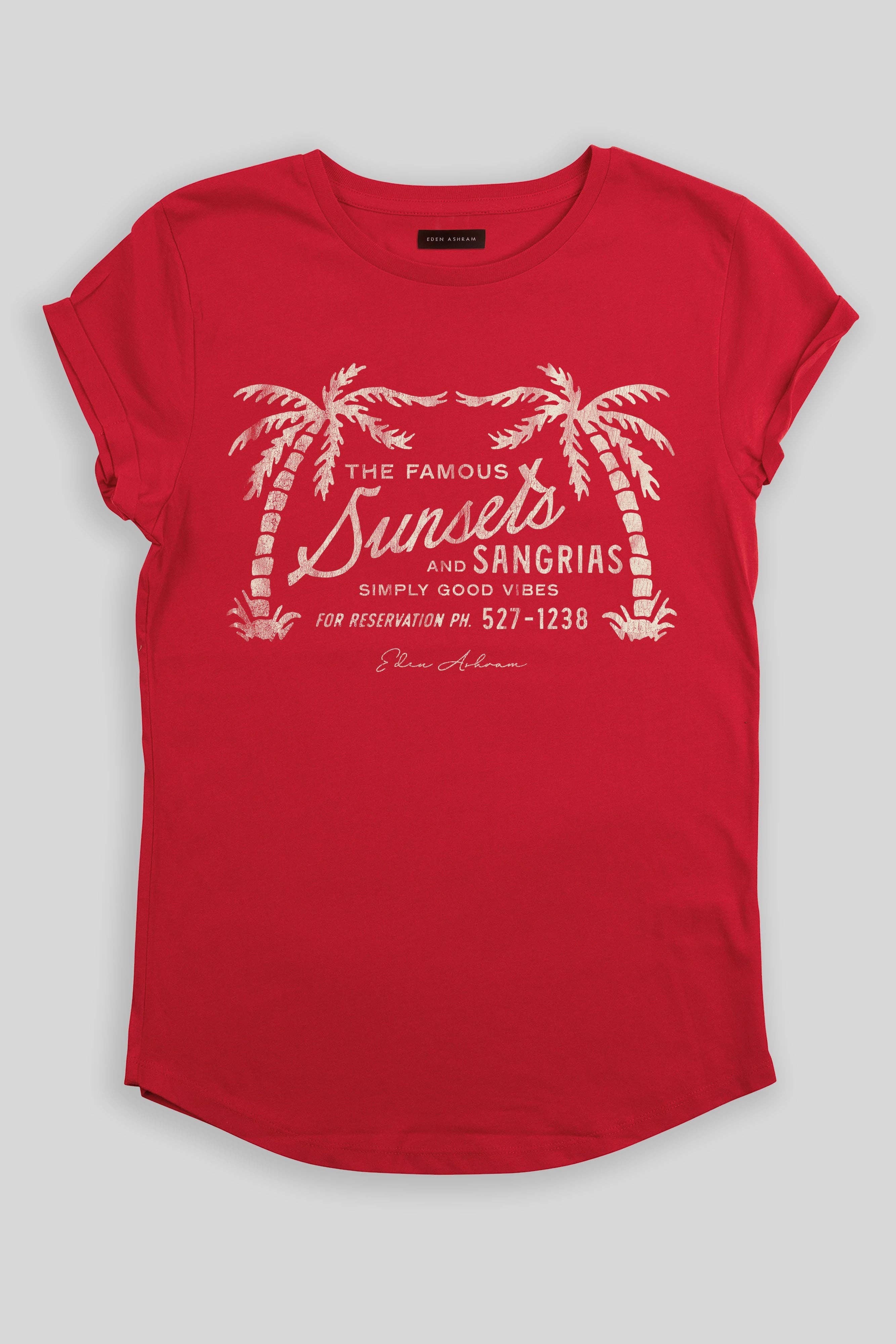 Eden Ashram – wholesale Screen printed t-shirt – Women′s – The Famous Sunsets and Sangrias Premium Rolled Sleeve T-Shirt3
