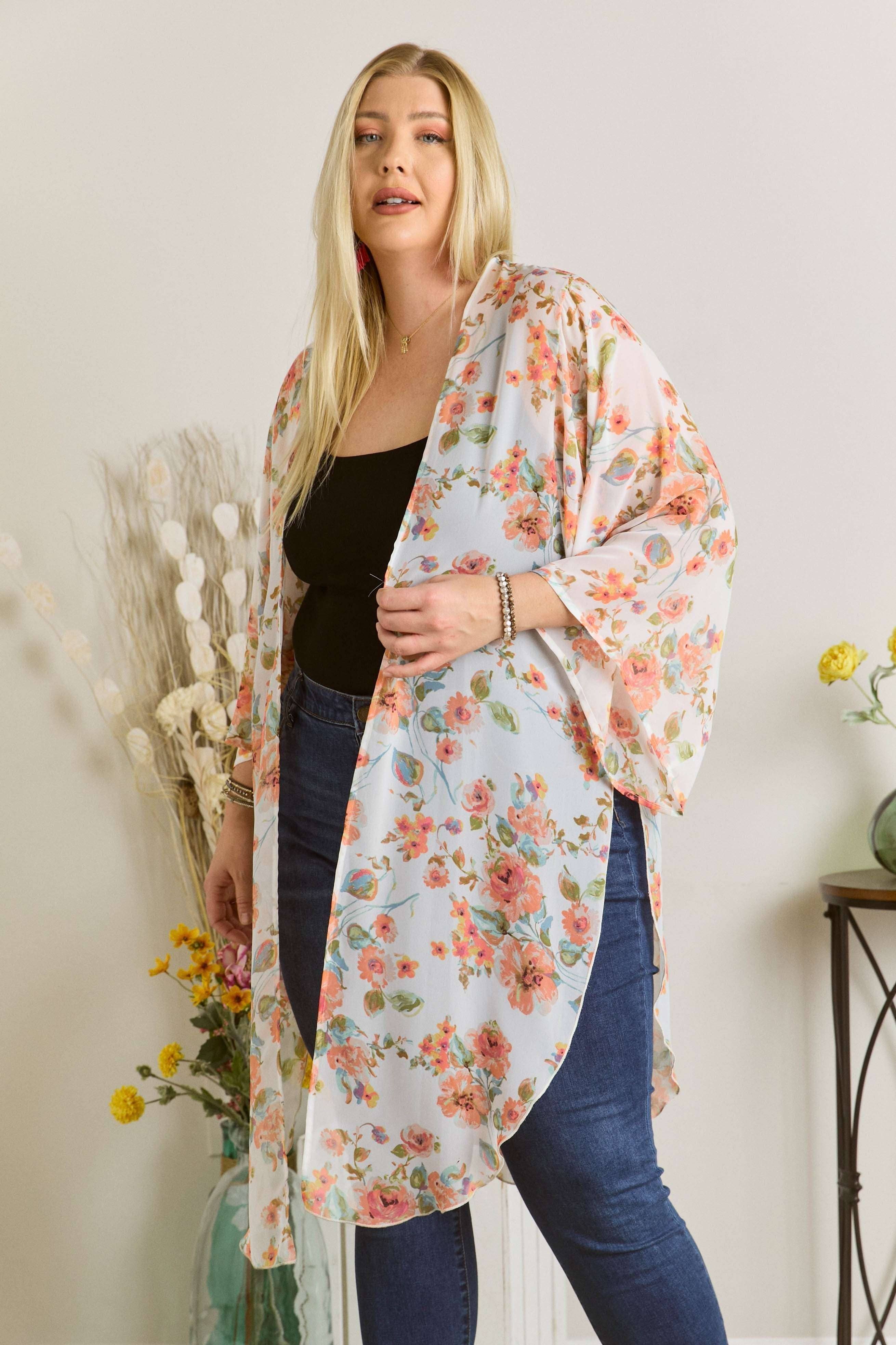 IVORY LYJ11293A9X- PLUS SIZE FLORAL KIMONO CARDIGAN for wholesale on Faire