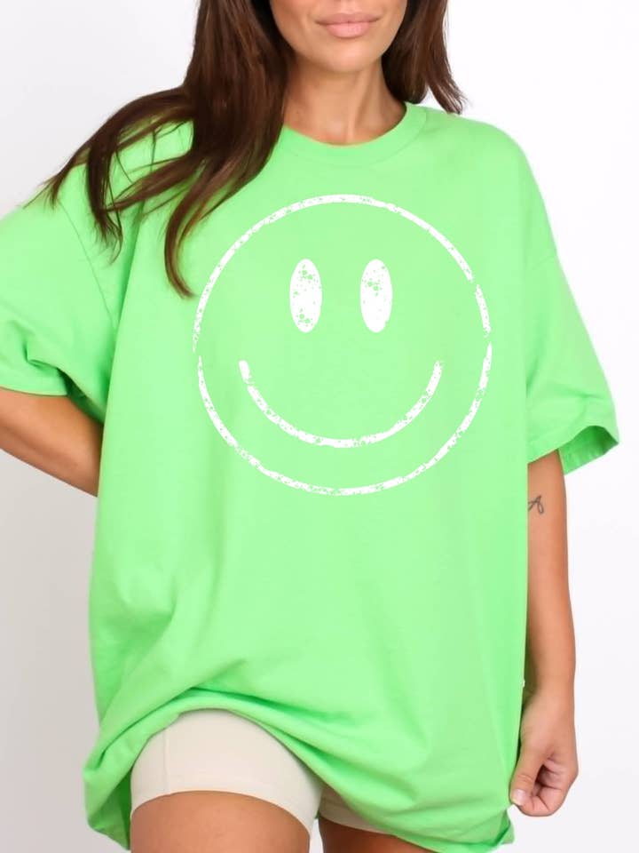 Fox and Owl Apparel - Wholesale Screen Printed T-Shirt - Women's - TRENDY RETRO SMILEY FACE NEON LIME SUMMER GRAPHIC TEE