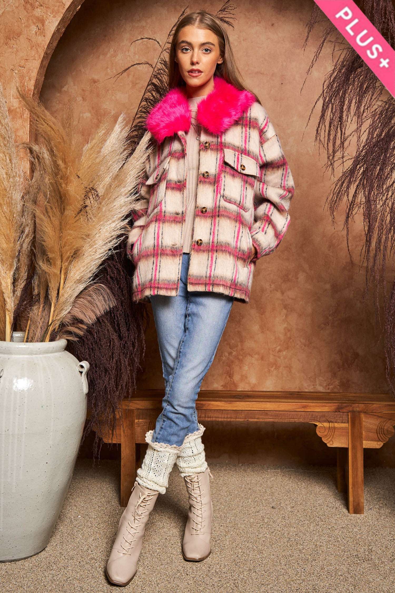 HOT PINK BEIGE PLUS MULTI PLAID FUR COLLAR SEPARATELY JACKET for wholesale on Faire8