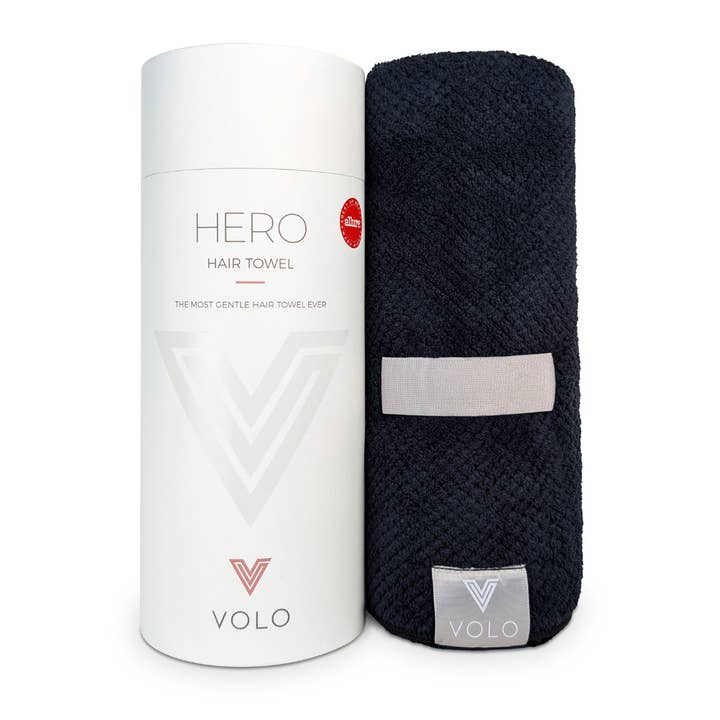 VOLO Hero Hair Towel- Vinyl Black Luxe Tube for wholesale by VOLO Beauty
