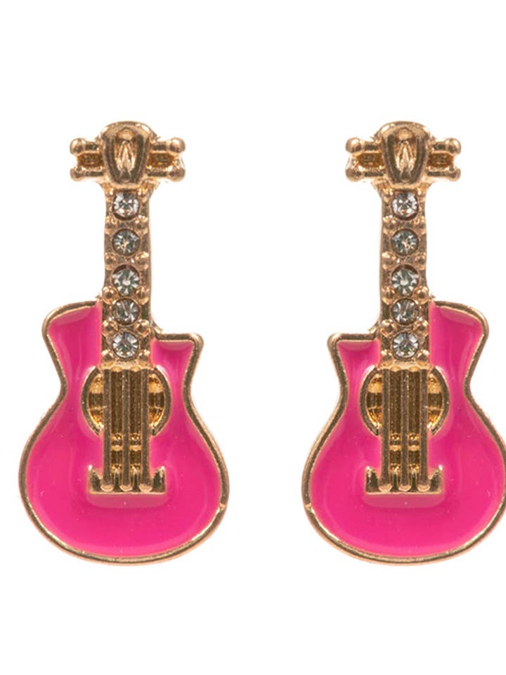 Rockstar Pink Stone Paved Enamel Guitar Stud Earrings for wholesale by Pretty Attitude Clothing