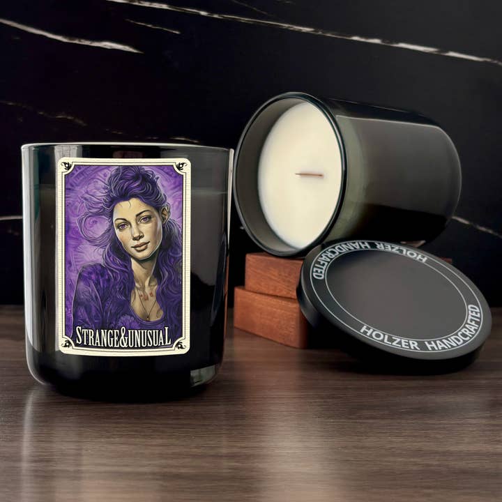 Wood Wick Candle STRANGE & UNUSUAL - Black Rose + Plum + Vanilla Scented | Coconut Soy Wax | 12oz Glass Vessel with Metal Lid | Handmade | Non-toxic Phthalate-free Luxury Fragrance - Cinematic Legends: Iconic Characters, Reimagined in Fragrance for wholesale by Holzer Handcrafted ®