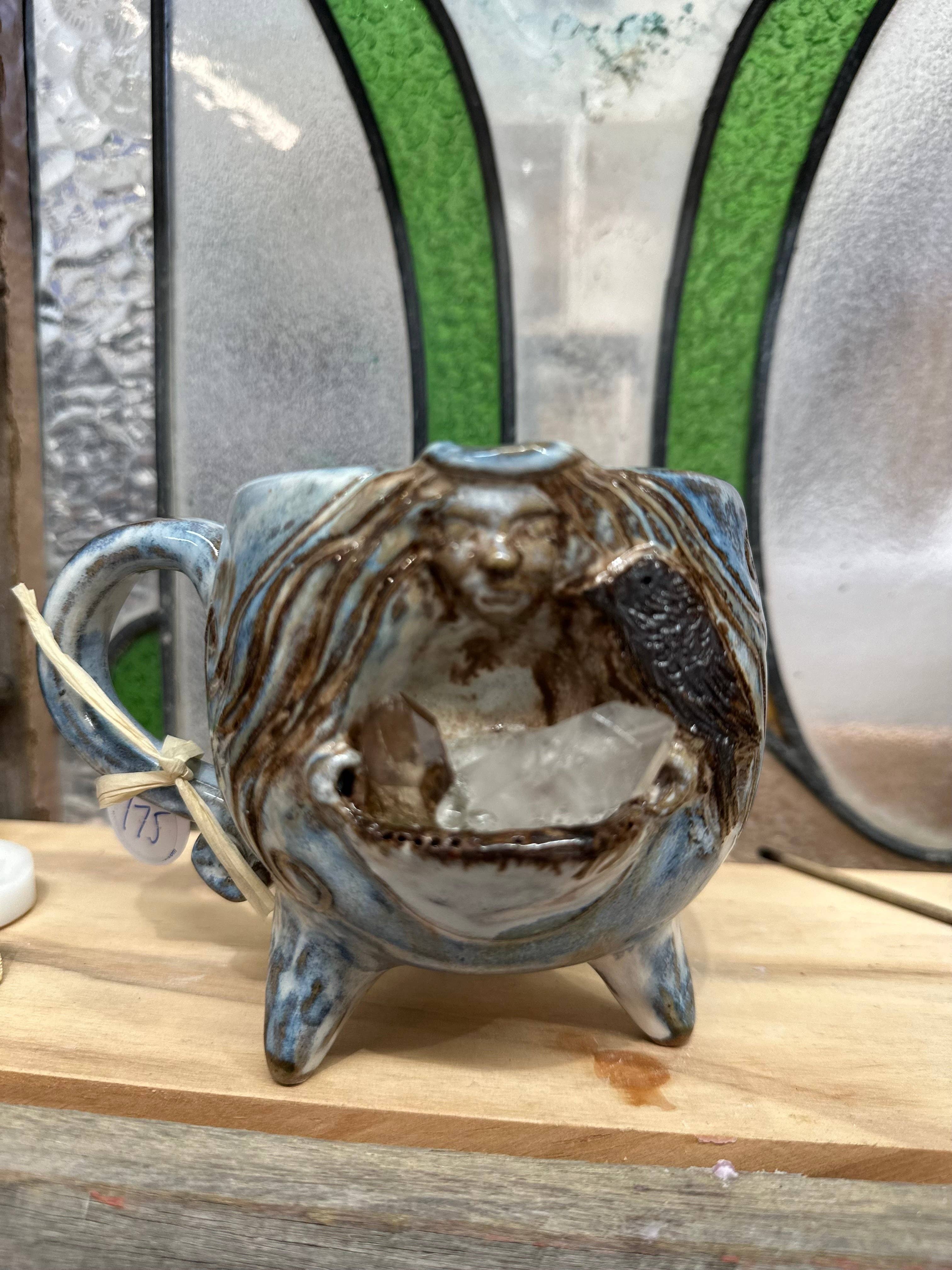 Carys Martin Ceramics - Wholesale Decorative Tabletop Object - Cauldron Crystal Cup – Raven Goddess with Quartz Point5