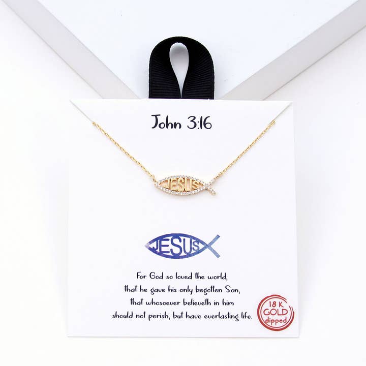 Fashion City - Wholesale Pendant/charm necklace - CZ Gold-Dipped Jesus Fish Pendant Necklace4