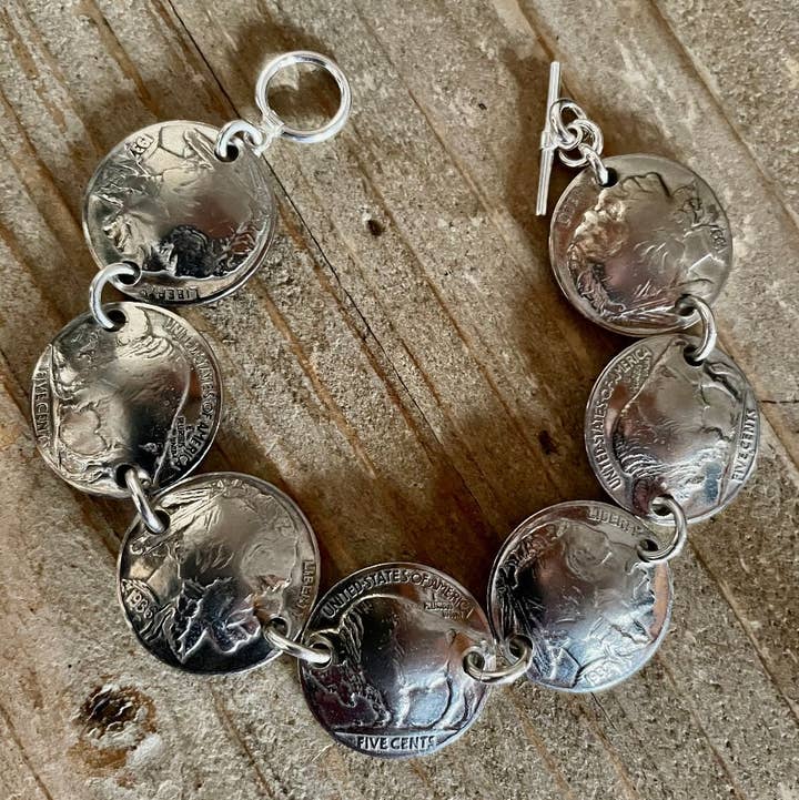 Domed Indian Heads & Tails Nickel Bracelet for wholesale by Lorraine Frances Jewelry
