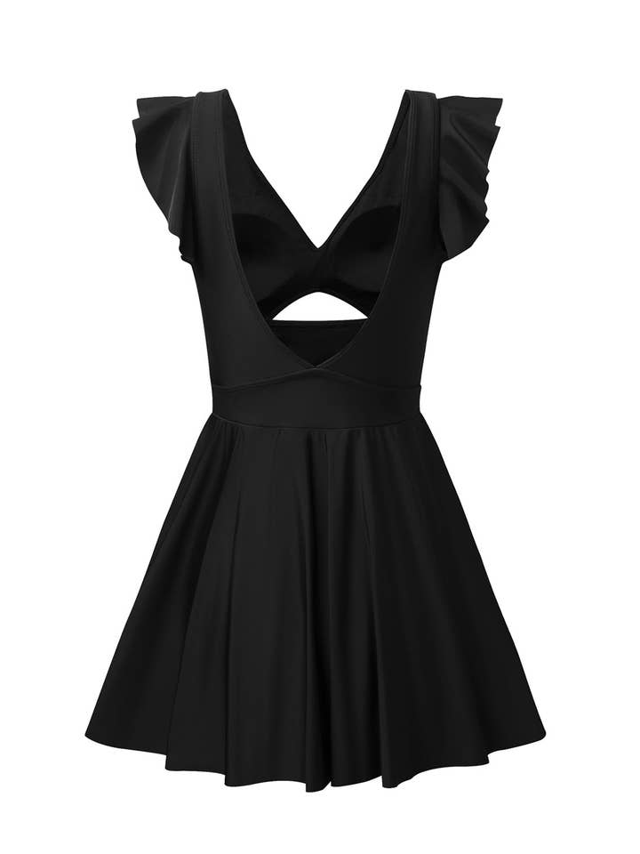 Black Ruffle Crossed Cutout Swimdress for wholesale on Faire