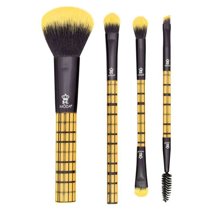 Kit di pennelli per trucco MŌDA® Plaid Yellow da 4 pezzi per la vendita all'ingrosso da parte di Royal Brush Mfg. Inc.