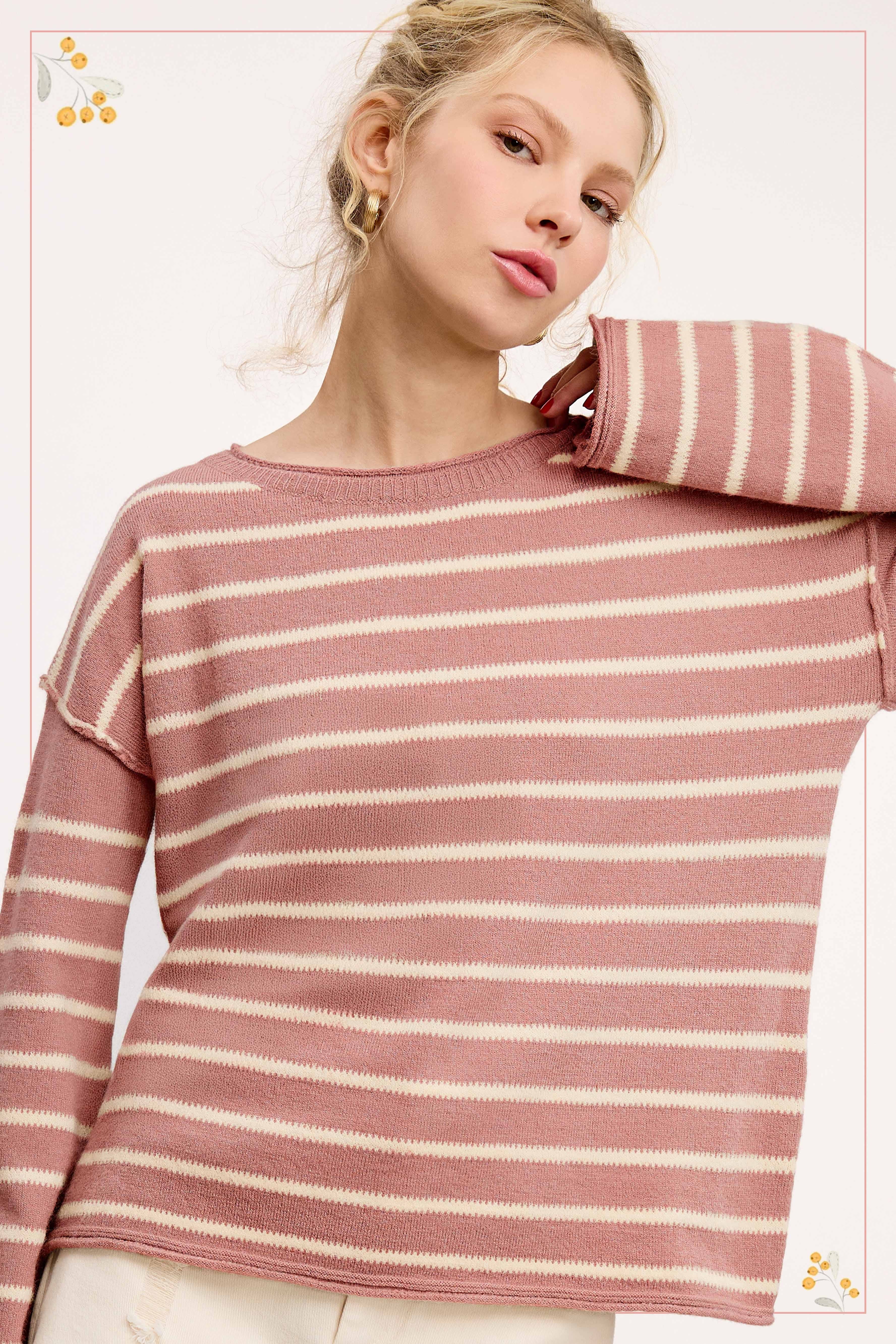 La Miel - Wholesale Knit Sweater - Women's - MCS3588-Striped Round Neck Loose Fit Long Sleeve Sweater9