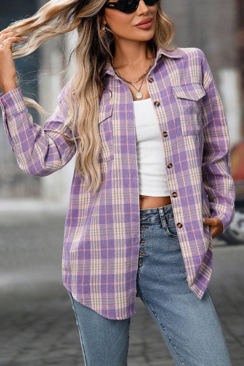 Lovesoft – wholesale Buttoned-down shirt – Women's – Plaid Button Down Shirt with Chest Pockets and Tie Hem24