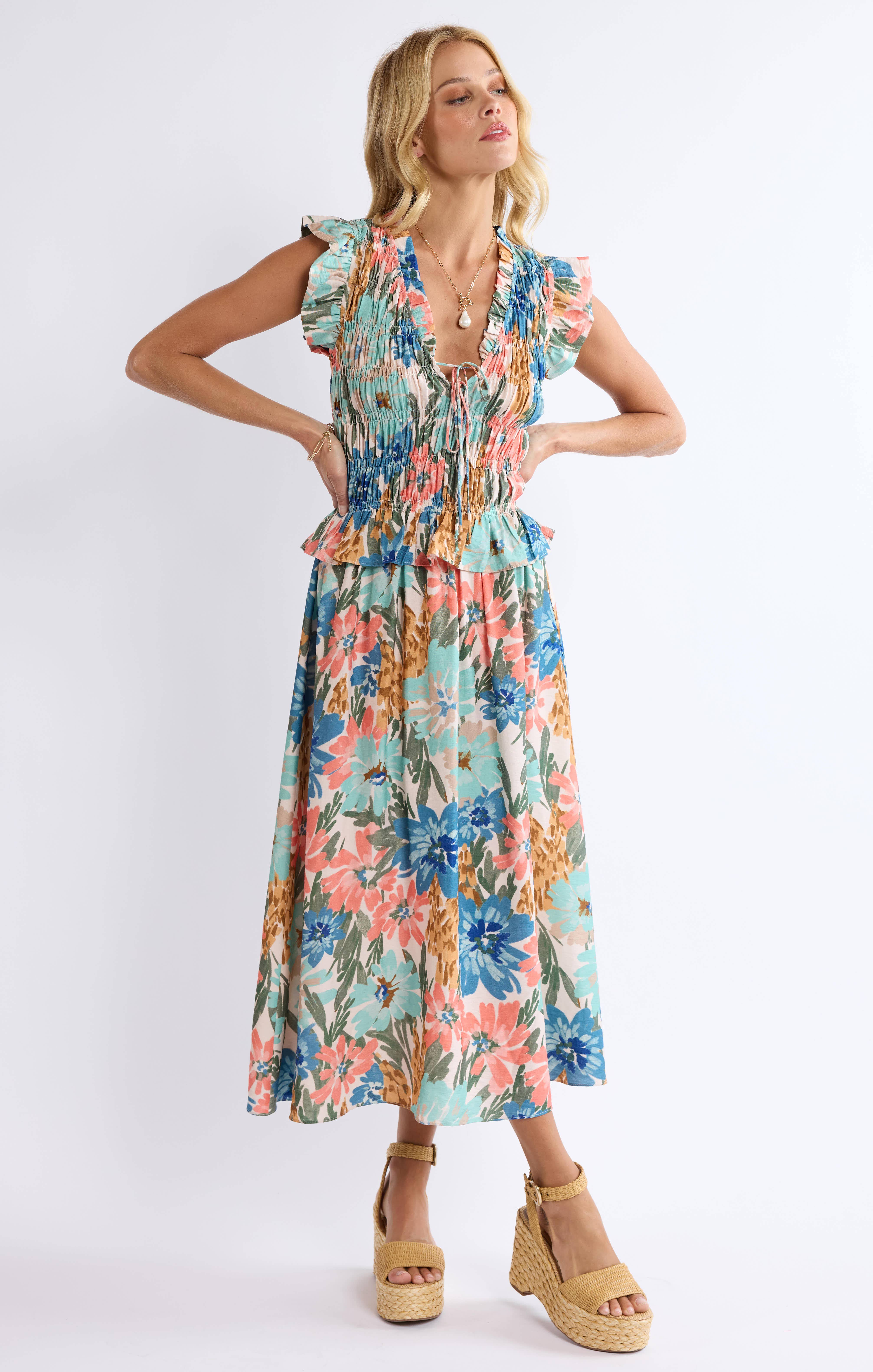 Sage The Label - Vendita all'ingrosso Vestito - Donna - Abito Midi con Corpino a Nido d'Ape Locale:MULTI3