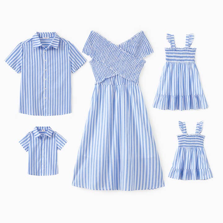 Tenue familiale assortie rayures verticales bleues : chemise ou robe épaules dénudées pour la vente par PatPat Matching