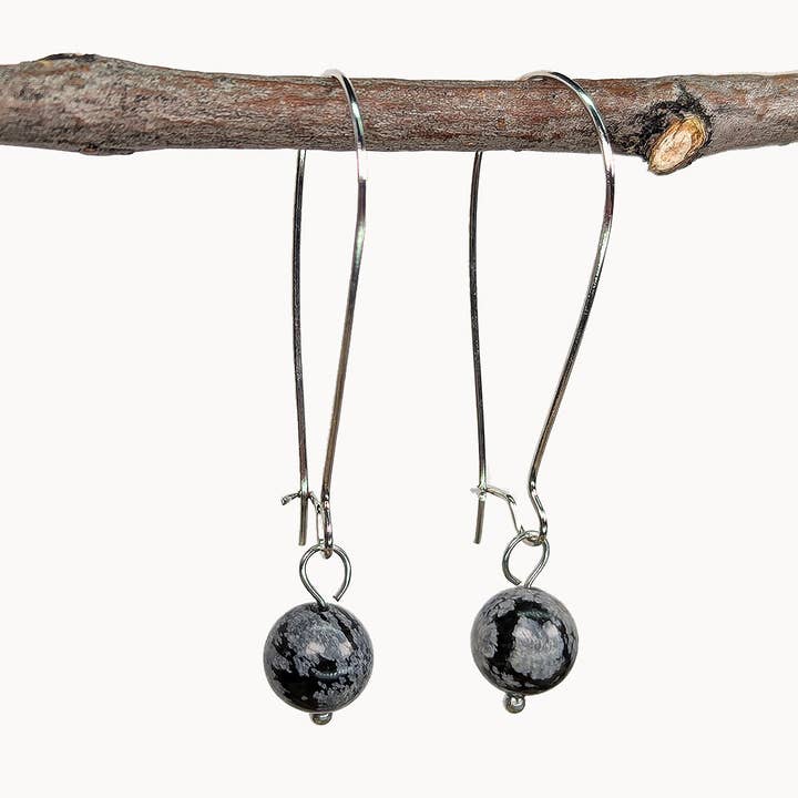 Stainless Steel Snowflake Obsidian 8mm Gemstone Earrings for wholesale by Stylish Jewelry Supply