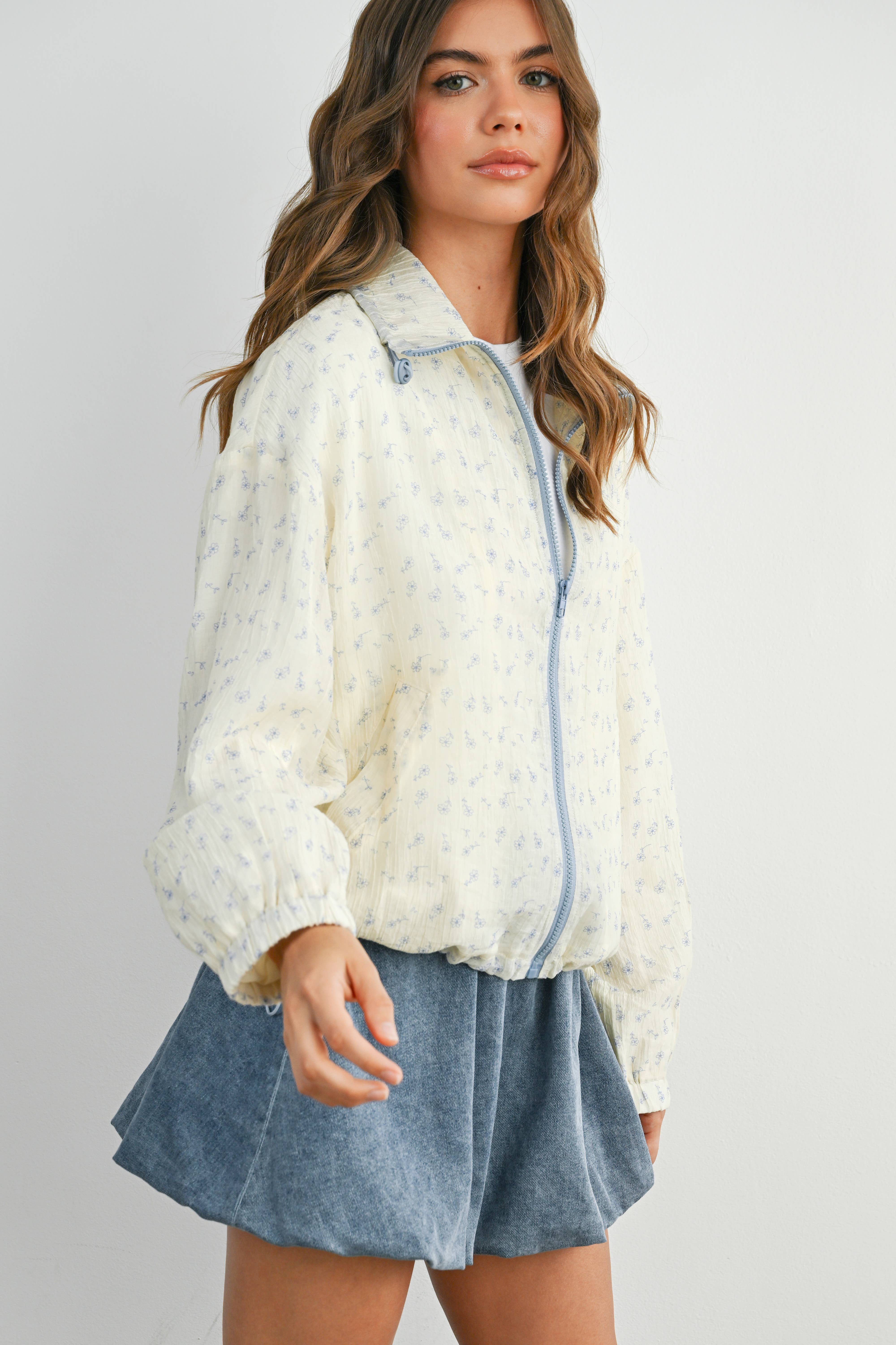 BUTTERMELON - Wholesale Jacket - Women's - Floral Zip-Up Collared Jacket - BMJ78828