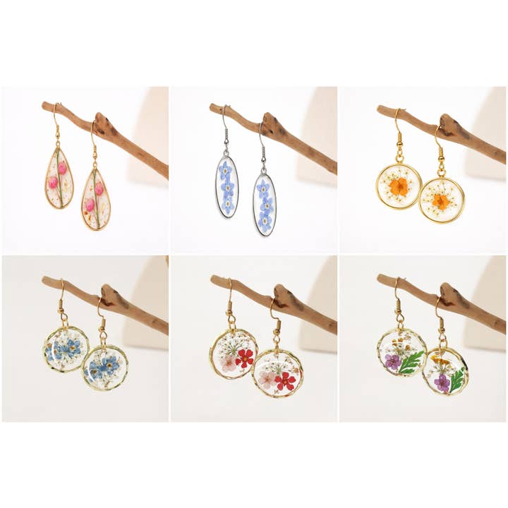 Set of 12 Pressed Dried Flower in Resin Dangle Earrings for wholesale by JEMS of the Sea