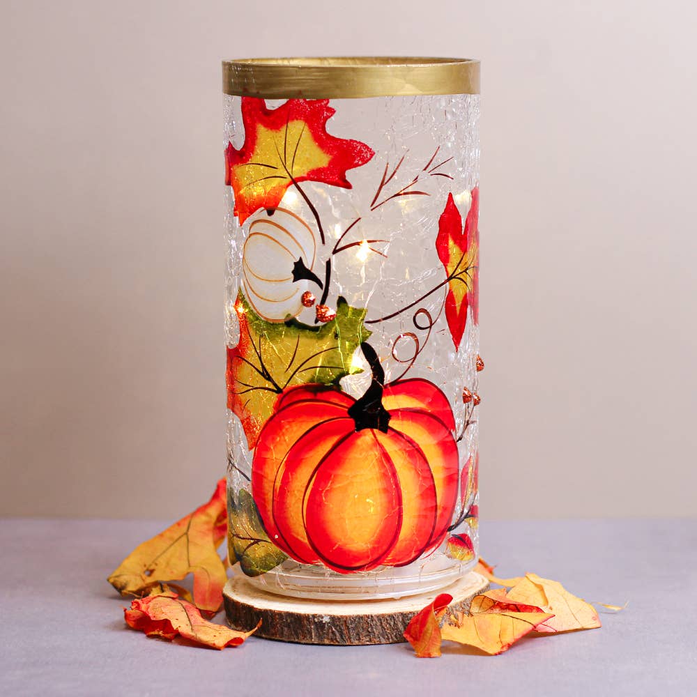 A Cheerful Giver - Wholesale Decorative Tabletop Object - Pumpkins and Leaves Pillar with LED String Lights1