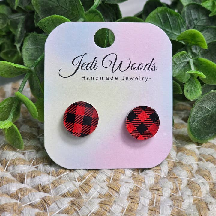 Jedi Woods LLC - Vente Clous d'oreille - Clous d'oreilles ronds à carreaux en forme de buffle rouge et noir