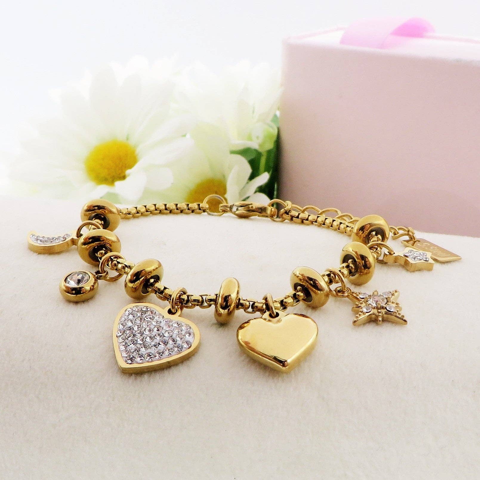 Daemon srls - Vendita all'ingrosso Braccialetto con ciondolo/pendente - MOON & STAR - Bracciale in acciaio inox con pendenti luna, stelle e cuori bombati e Cubic Zirconia3