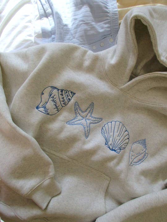 Grey Y2k Trendy Ocean Seashell Embroidery Hoodie for wholesale on Faire3