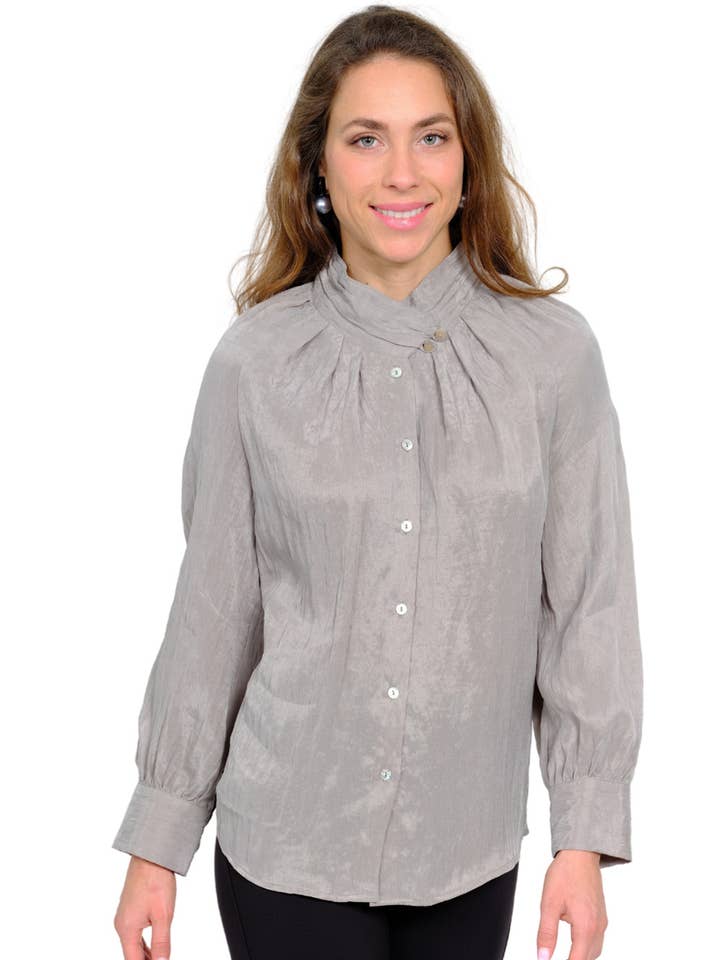 Lior Grey Pleated Collar Blouse In Satin Fabric - Charm for wholesale by LIOR / ALISHA D