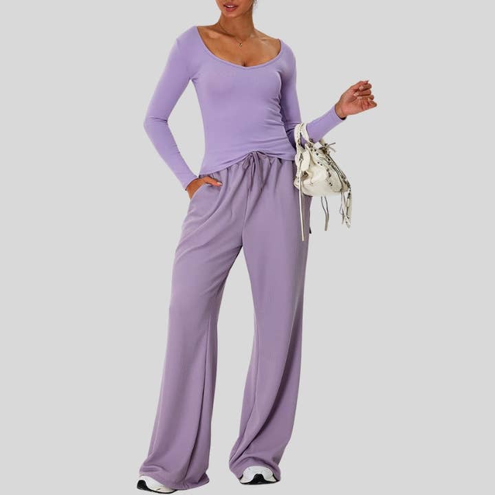 WONDERXFANS - Wholesale Activewear Set - Women's - V-Neck Sport Set with Wide-Leg Pants1