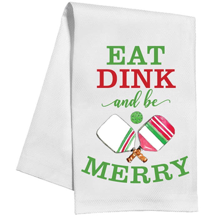 Mangez, buvez et soyez joyeux : serviette de cuisine avec raquettes de pickleball pour la vente par RosanneBeck Collections