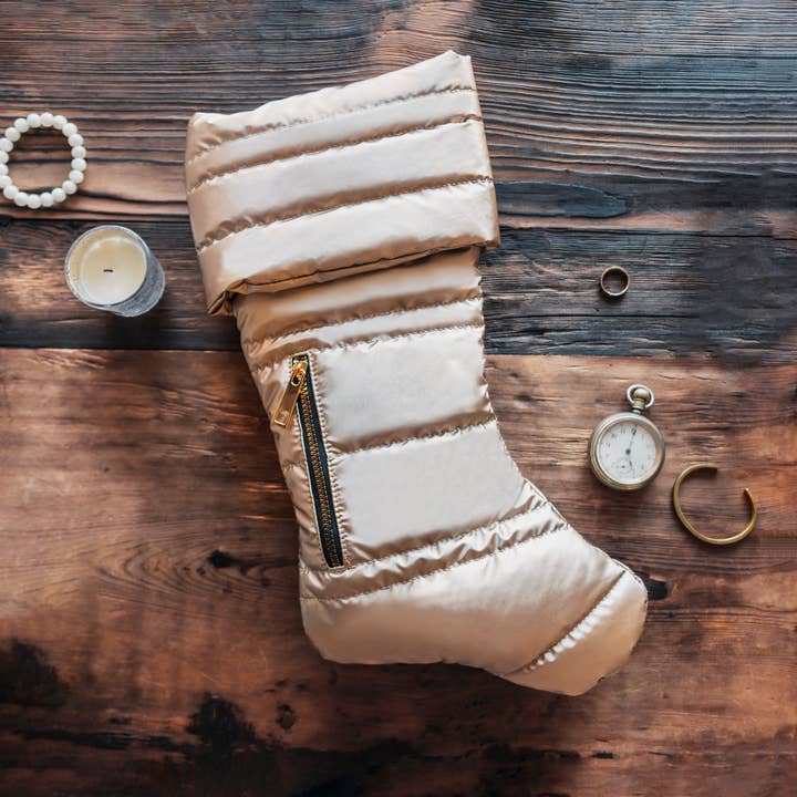 Matte Gold Puffer Christmas Stocking for wholesale by Gigi Seasons