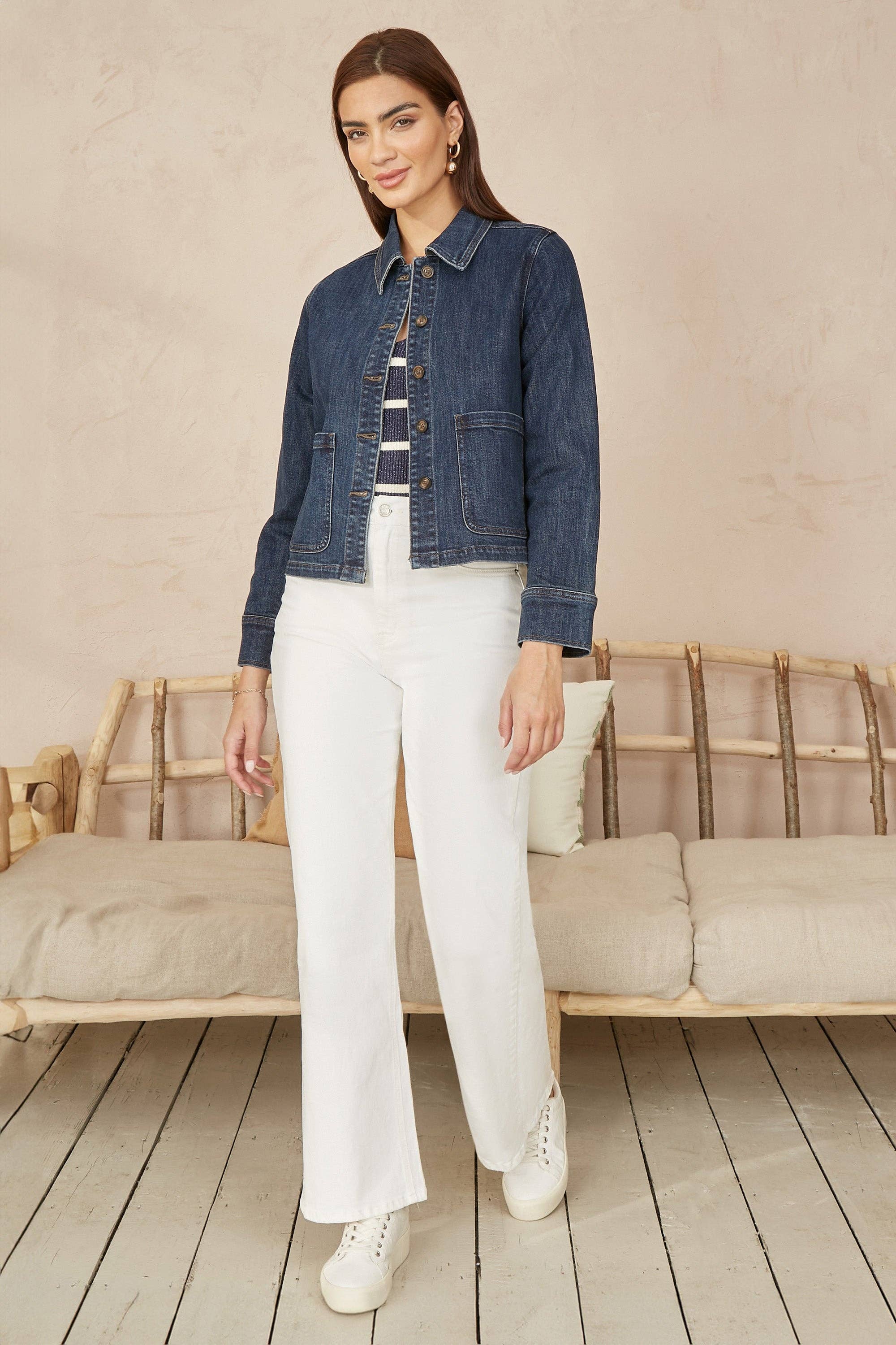 Azul Chaqueta Vaquera Azul Yumi con Bolsillos de Parche de venta al por mayor en Faire1