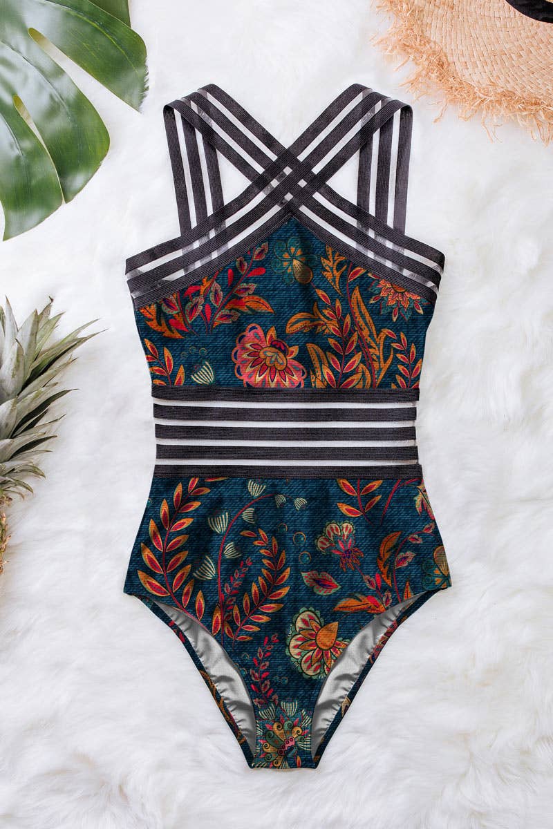 Flowery Print On Cobalt Blue Halley Crossover One-Piece for wholesale on Faire4