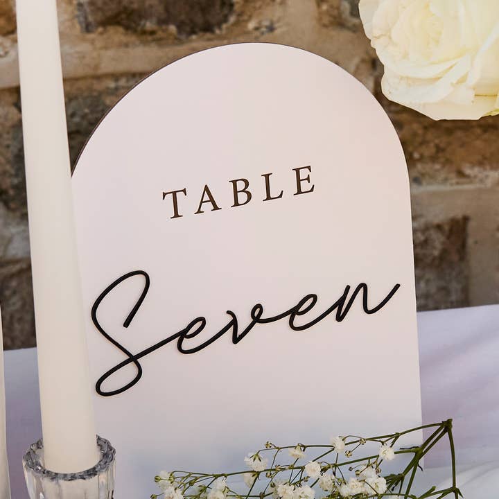 Monochrome Arch Card Table Numbers With Acrylic 3D Letters - for wholesale by Hootyballoo by Club Green