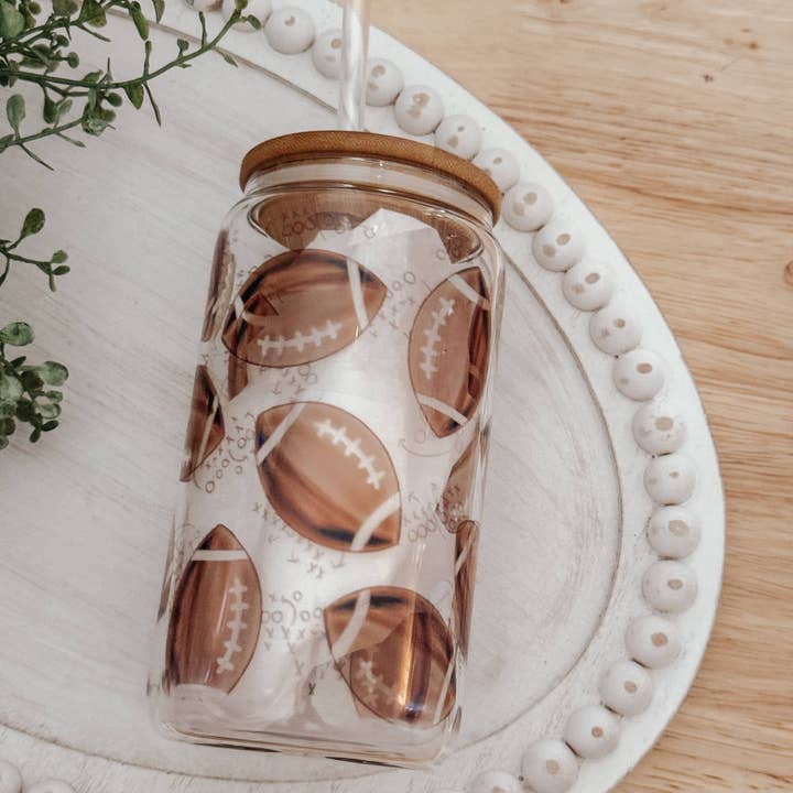 Onic Brands LLC - Wholesale Drinking Glass/Cup - Watercolor Footballs 16oz Glass Cup with Bamboo Lid3