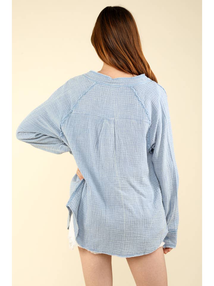 VERY J - Wholesale Button Down Shirt - Women's - NT11350-Oversized Washed Woven Crinkled Gauze Shirt Top12