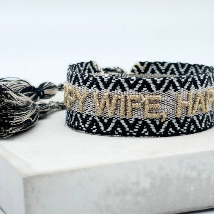 Parsley & Pepper - Wholesale Woven/Braided Bracelet - HAPPY WIFE, HAPPY LIFE statement bracelet woven, embroidered